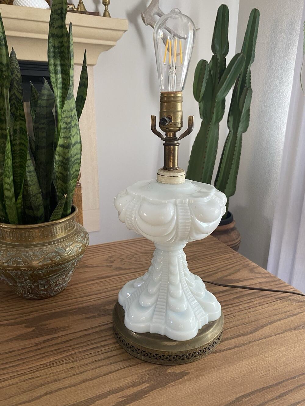Vintage 1940s Coolidge Drape Milk Glass Lamp Electrified Oil Lamp Art Deco Lamp